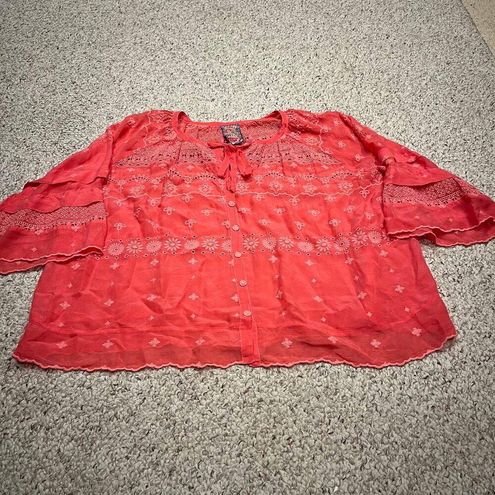 Johnny Was Tay Eyelet Embroidered Button Front Top Sz L Pink Boho Rayon Flowy